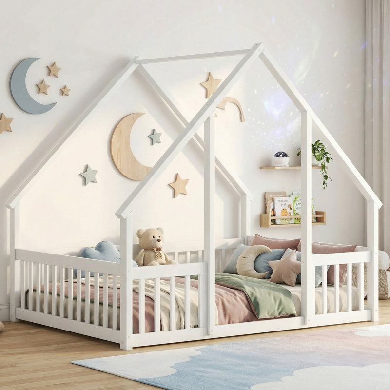 Lit double en bois en forme de maison avec clôture, garde-corps, Blanc