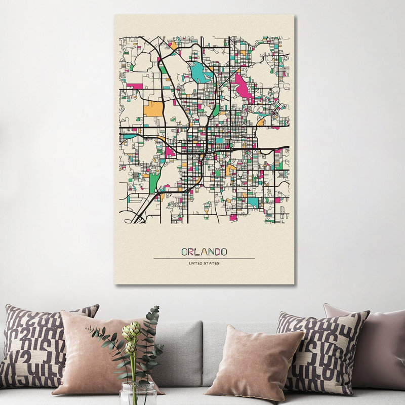 «Orlando, Florida Map» par Ayse Deniz Akerman - Giclée sur toile tendue avec châssis, H 60 po x l 40po x P 1,5 po