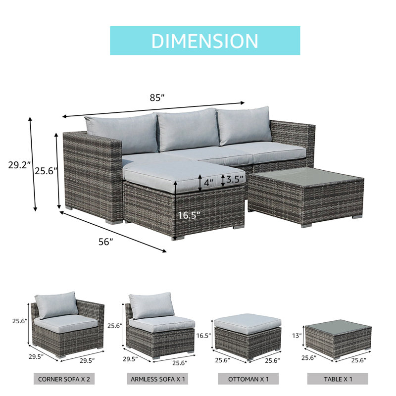 Abler 3-Person Wicker Modular Patio Conversation Set with Cushions, Brown/Blue
