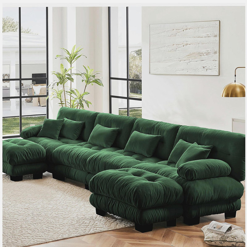 Canapé modulaire Free Combination, canapé en U pour le salon, canapé 4 places avec 2 repose-pieds, vert chenille, Vert