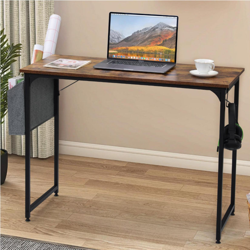 Adbul Metal Base Writing Desk, Black, Brown