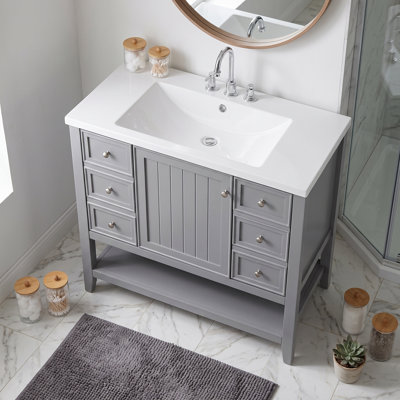 Meuble-lavabo simple autoportant gris moderne en bois massif et panneau de fibres à densité moyenne de 36 pouces avec meuble-lavabo intégré en céramique blanche avec 3 tiroirs, armoire, tablette ouverte, quincaillerie complète et manuel d'installation