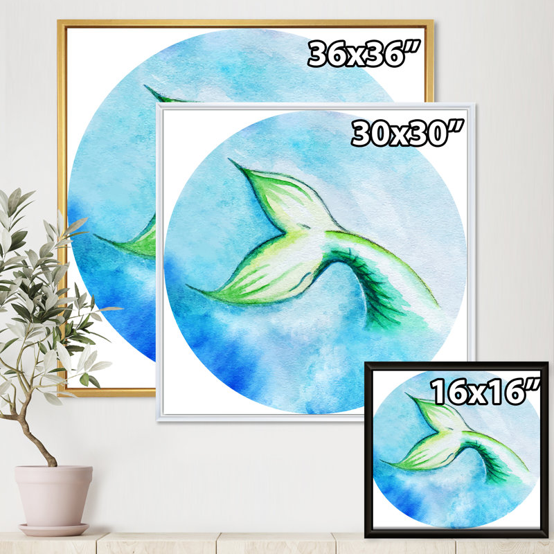 «Mermaid Fish Tail», peinture sur toile, H 36 po x l 36 po x 1,5 po, Cadre flottant doré