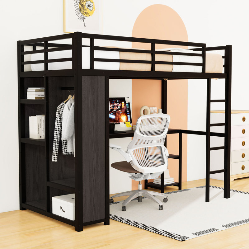 Metal Loft Bed with Wardrobe and Desk, Black, Extra-Long Twin
