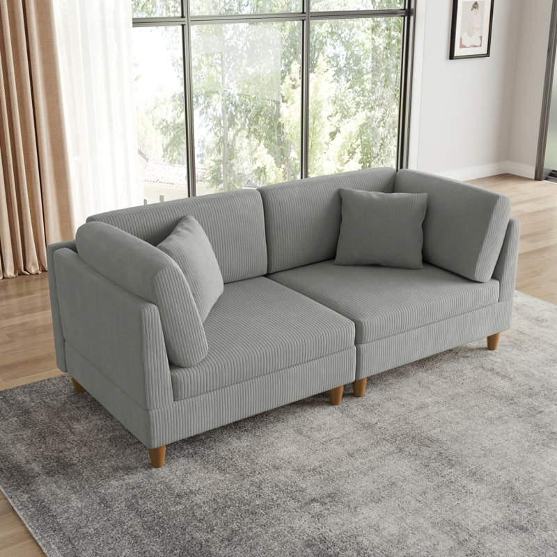 Seemab 80.4" W Upholstered Corduroy Standard Loveseat with Solid Wood Legs, Light Gray Corduroy