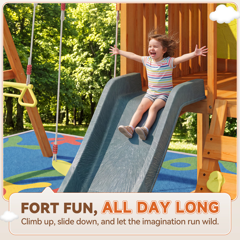 Outdoor Wooden Play Swing Set for Kids Backyard with Slide, Canopy Fort & Monkey Bars