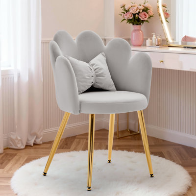 KORSER Office Chairs, Velvet Vanity Chair with Bow Pillow, Modern Petal Chair for Living Room, Bedroom