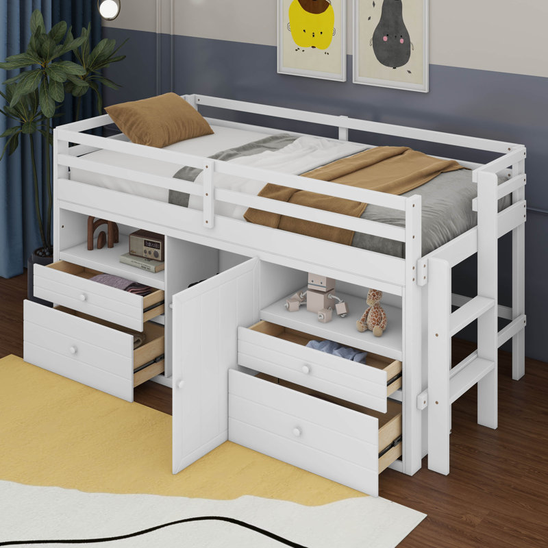 Leda Twin Size Loft Bed with 4 Drawers, Underneath Cabinet and Shelves, White