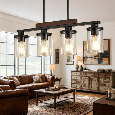 4-Light Rustic Wood Pendant Chandelier Over Kitchen Island, Farmhouse Ceiling Hanging Light With Clear Glass Shade For Dining Room