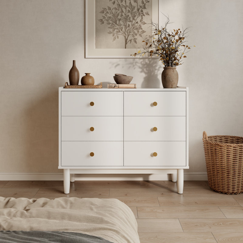 Aevah Six Drawer Solid Fir Wood Dresser with Large Storage Cabinet Mid Century Style Chest of Drawers for Bedroom Closet Living Room Kitchen Sideboard
