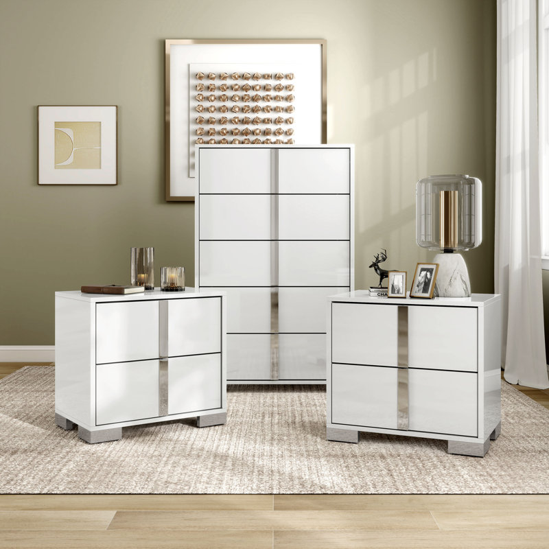 Ensemble de tables de chevet et commode Duckworth, Blanc, 3 pièces: commode, 2 tables de chevet