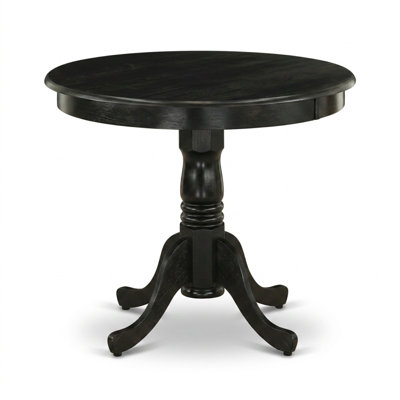 Ensemble de table de cuisine ronde sur pied central, fini bois d'hévéa noir brossé et chaises rembourrées en lin Shitake