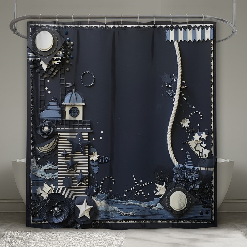 Rideau de douche phare - décor de salle de bain nautique plage côtière, H 93 po x l 70 po, Bleu rayé