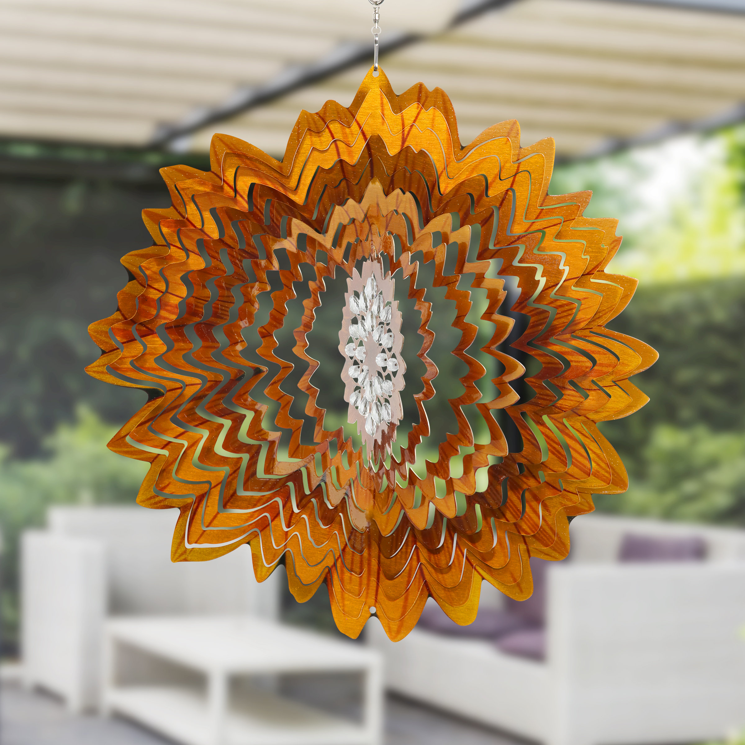 Exhart Laser Cut Sunflower Hanging Wind Spinner with Beads, 12 Inch