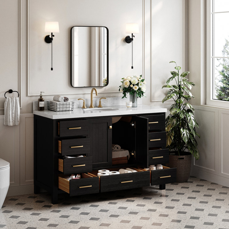 Ensemble de meuble-lavabo simple 55 po Amariani, Chêne noir / laiton satiné