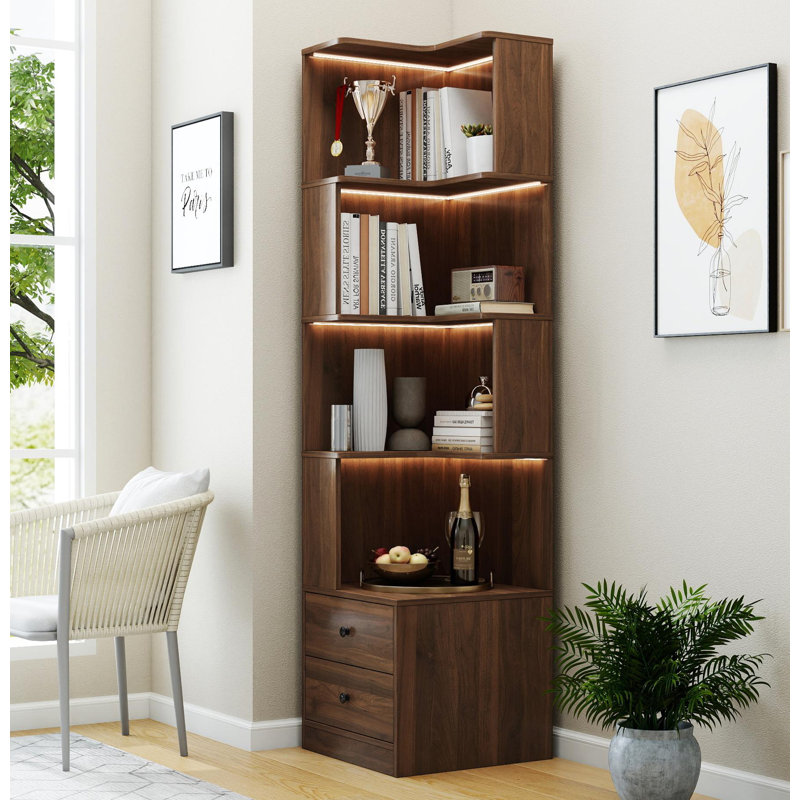 Corner Bookshelf With Drawers,4-Tier Corner Bookshelf Bookcase With Baffle, Freestanding L Shaped Display Shelf Stand With Led Lights For Home Office, Living Room, Bedroom, Kitchen