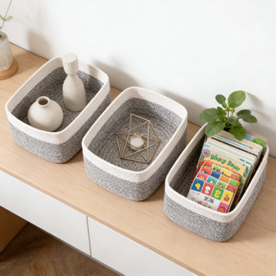 Woven Storage Baskets 3-Pack, Foldable Organizer Bins For Shelves, Closet, Nursery, And Toy Storage, Handmade From Soft Natural Cotton Rope