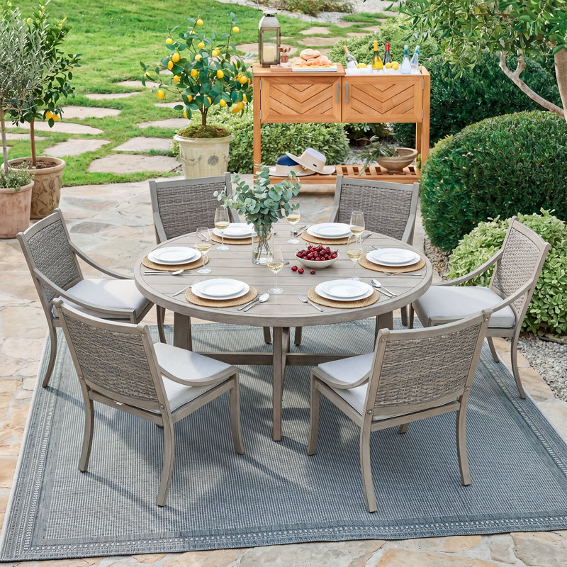 Patio Round Aluminum Dining Set With Umbrella Hole And Cushions For 6 Person