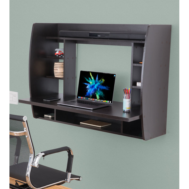 Black Wall Mounted Floating Laptop Desk with Storage Shelves, Space Saving Home Office Computer Workstation for Study Bedroom Writing Area