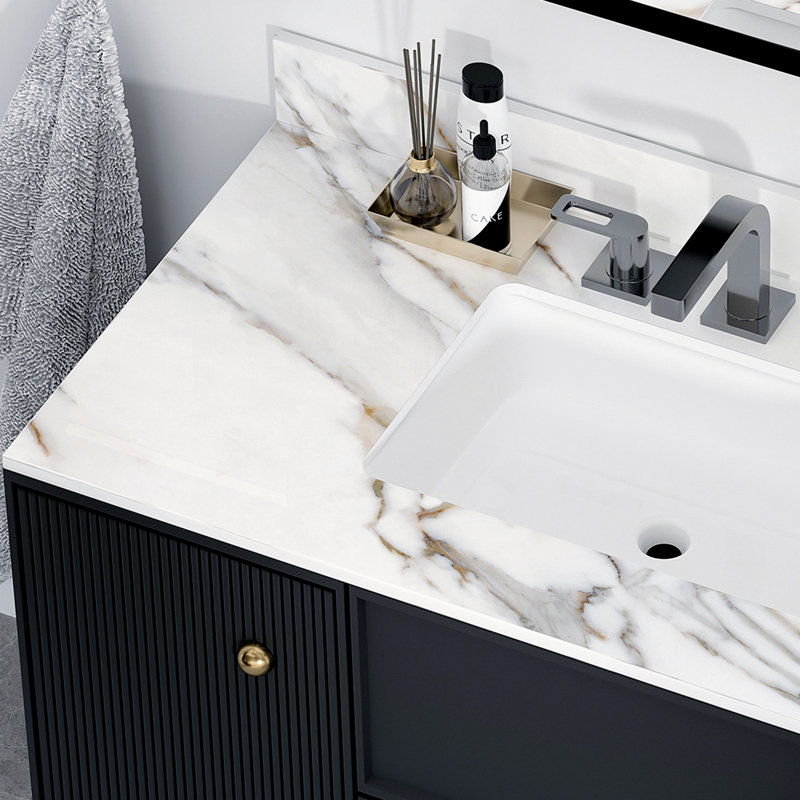 Couvercle de comptoir de salle de bain 43 po blanc - avec évier rectangulaire et comptoir de meuble-lavabo en marbre résistant aux taches 4 po, dosseret en pierre frittée aux chocs, trou de robinet de 8 po
