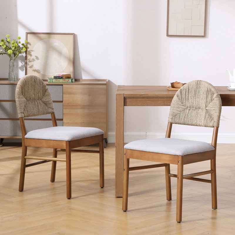 Chaises de salle à manger Boho avec revêtement en lin tissé et dossier en corde tissée (ensemble de 2), Brun, Gris