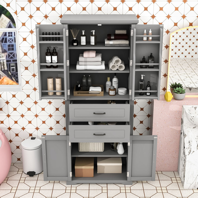 Armoire de rangement autoportante minimaliste avec tablette réglable, tiroirs et sécurité anti-basculement, Gris
