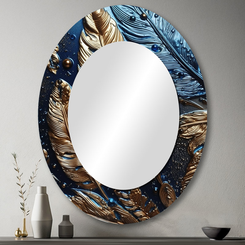 Plume dorée Glamour I - grand miroir mural ovale sur métal, 43 po x 33 po