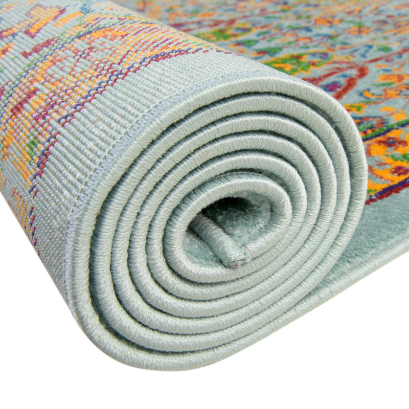 Round Floral Power Loomed Polypropylene Area Rug in Aqua/Blue/Orange, Round 5'3"