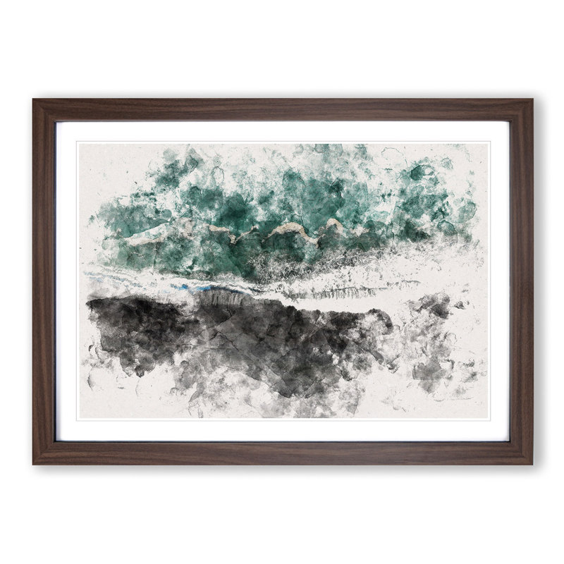 Above The Black Sand Beach In Iceland Watercolour - Single Picture Frame Print on MDF, Walnut Framed, 45cm H x 63cm W x 2cm D