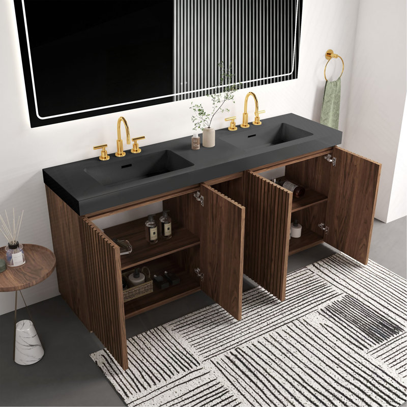Meuble-lavabo autoportant 72 po avec évier, grand meuble-lavabo autoportant avec rangement pour salle de bain moderne, lavabo à une pièce en quartz sans drain et robinet, LTL