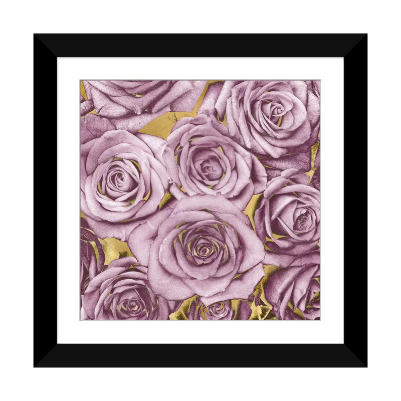 «Roses - Amethyst on Gold», impression sur toile, H 24 po x l 24 po x P 1 po, Papier d'art encadré noir, Blanc
