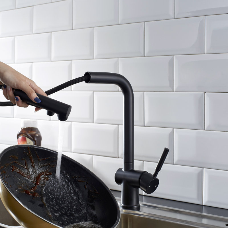 Robinet de cuisine rétractable à poignée simple noir mat ALPHAUCET, Noir mat
