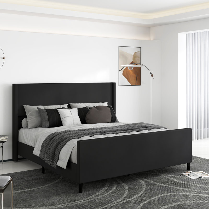 66.9' W Black Upholstered Panel Bed with Vertical Headboard, Modern Platform Bed Frame with Wood Slats and Footboard, Queen