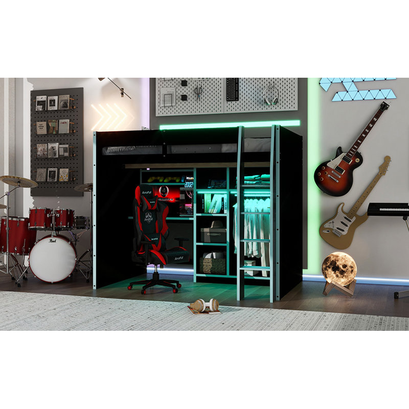 Lit mezzanine en bois avec bureau, garde-robe ouverte, compartiments de rangement et lumières RVB, Bleu
