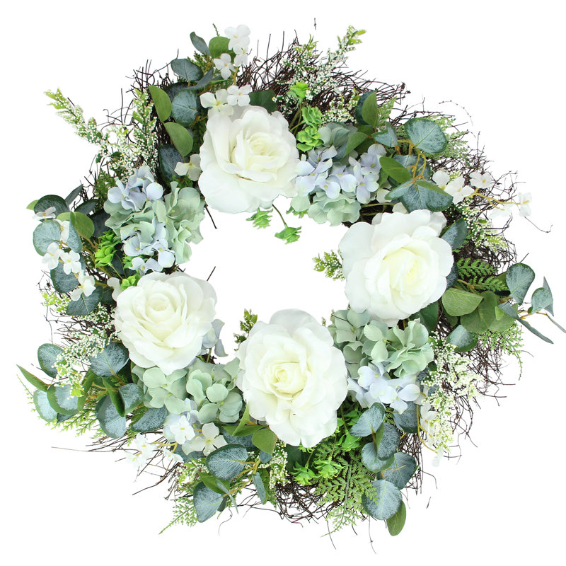 Couronne de printemps hydrangée rose et géranium artificielle blanche et bleue - 24 pouces