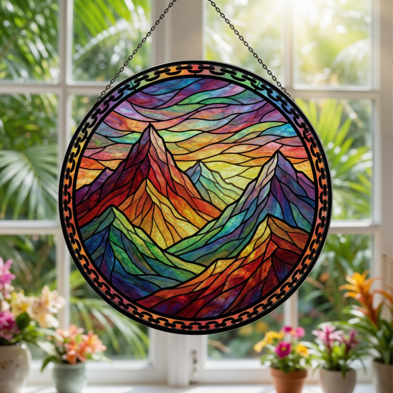 Panneau de vitrail 12 "H Mountain Landscape, H 12 po x l 12 po