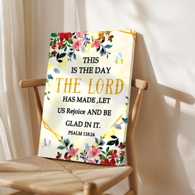 Framed Canvas Wall Art - This Is the Day the Lord Has Made, Floral Watercolor Verse - 24" x 36" for Living Room and Bedroom