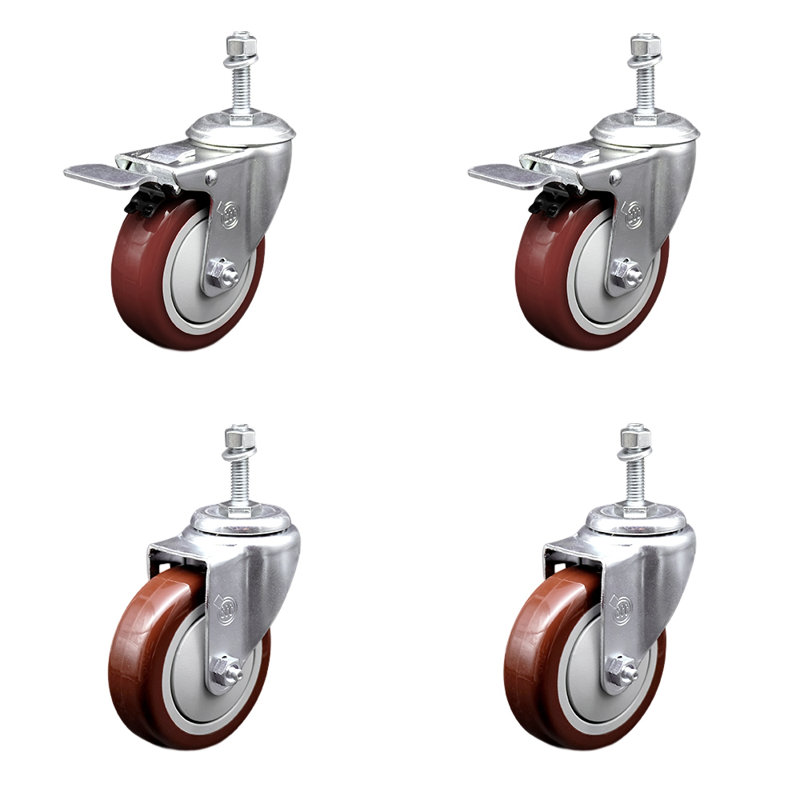 4 Inch Polyurethane Swivel 10mm Stem Caster Set 2 Total Lock Brake