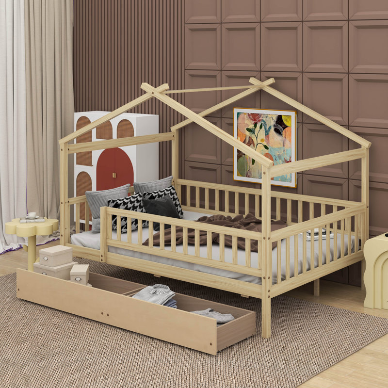 Lit en bois avec deux tiroirs, Naturel, Double