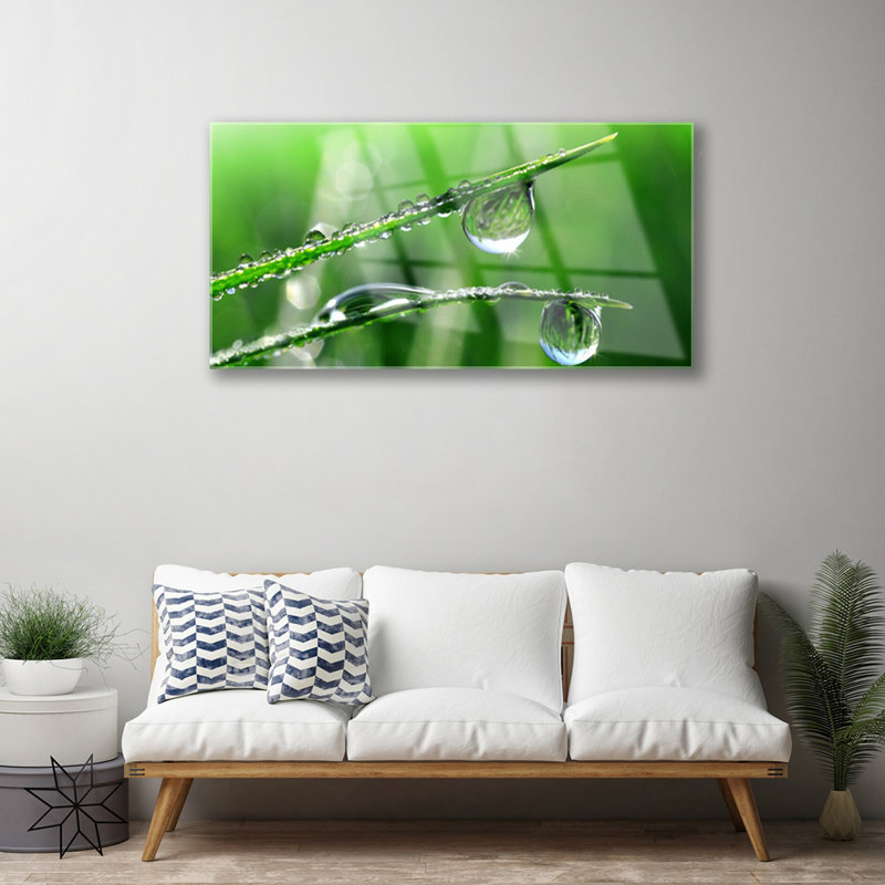 Floral Grass Dew Drops - No Frame Print on Glass
