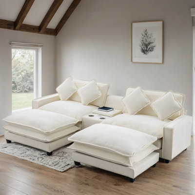 Canapé-lit convertible à double coussin ajustable avec coussins, ports USB et 2 repose-pieds amovibles