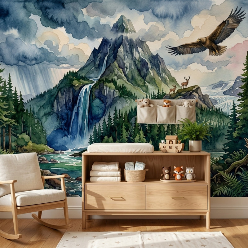 Papier peint paysage de montagne aquarelle cascade murale, 120"x96", Non-Woven Nonpasted