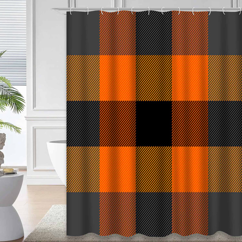 Rideau de douche orange, noir, tartan et écossais avec 12 crochets, L 72 po x l 72 po