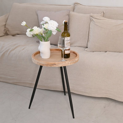 Petite table de bout ronde - table d'appoint avec plateau en bois massif et pieds en métal robustes, table d'appoint peu encombrante pour le salon, la chambre à coucher, le balcon - assemblage facile, design moderne minimaliste