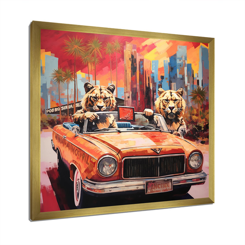 Lions chevauchant un convertible - Art mural lion, H 30 po x l 30 po x P 1,5 po, Encadrement doré