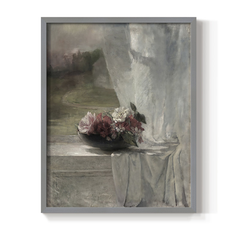 Impression florale rétro avec encadrement en bois massif, Gris, H 11 po x l 9 po