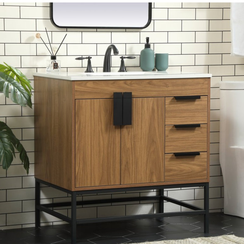 Eugene 32'' Single Bathroom Vanity with Engineered Marble Top, Walnut Brown