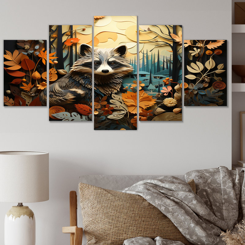 Curious Raccoon Collage I - Animals Wall Decor - 5 Panels