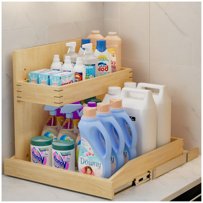 Organisateur sous évier et rangement l 22 ½ po x P 21 po, organisateur d'armoire coulissant à 2 niveaux avec fermeture rigide, organisateur d'armoire coulissant réglable avec support en U pour la cuisine de la salle de bain (à gauche)