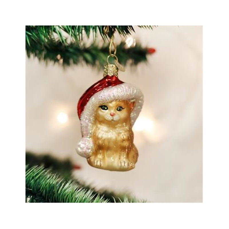 Hand-Painted Glass Santa Kitten Christmas Tree Ornament